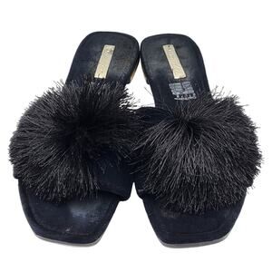 Moda Black Slip-on Slides Open-Toe Flat Pom-Pom Sandals Women's Size 25 - US 8
